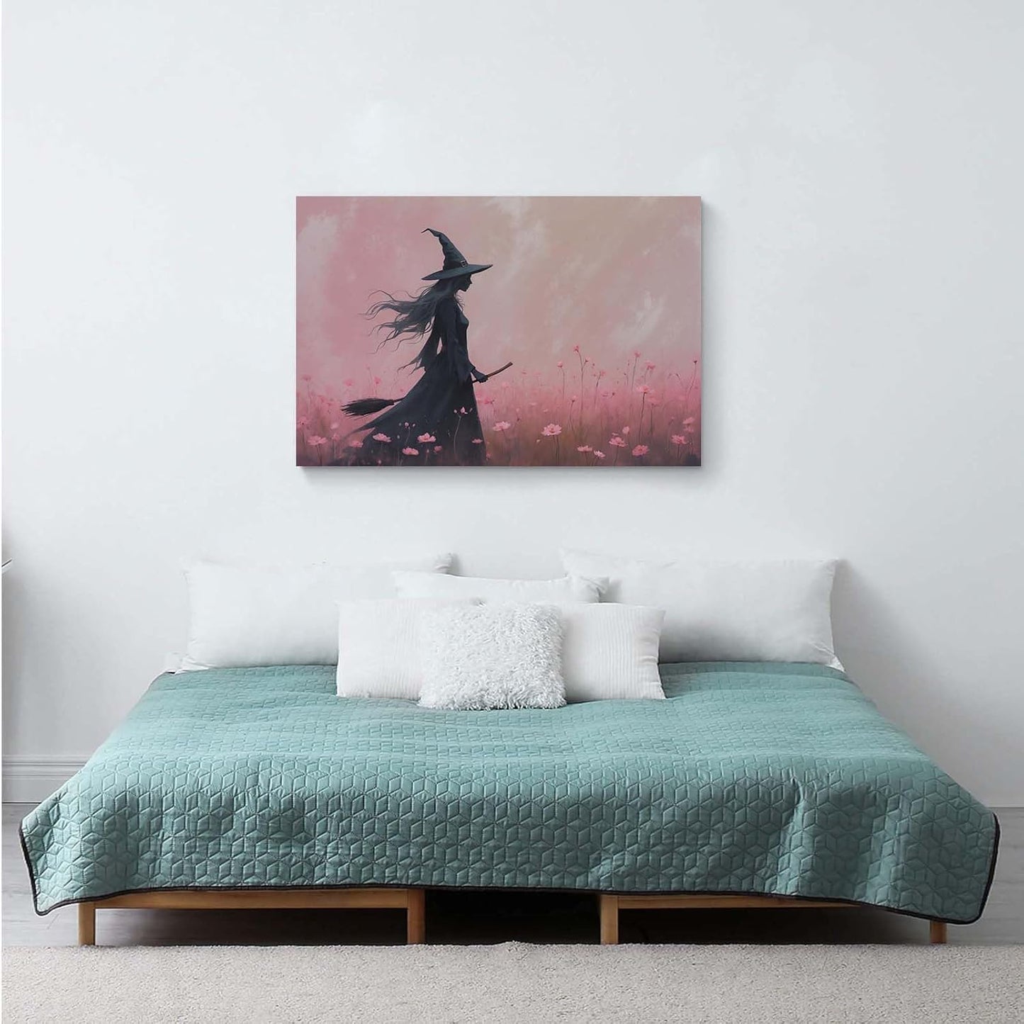 JFHCQJPK Witch in the pink sea of flowers Halloween prints weird flowers wall art silhouette painting fashionable romantic decoration suitable for bedroom8x12in Frameless