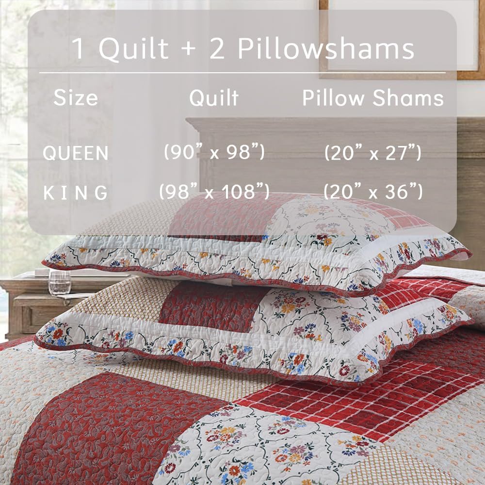 Cotton Bedspread Quilt Bedding Sets 3 Pieces Reversible Coverlet Sets Comforters Vintage Red White Rose Floral Patchwork Bedspread, Queen Size