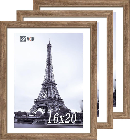 VCK 16x20 Picture Frames for Wall 3 Pack, Brown Walnut Wood Poster Frame, Exclusive Wood Grain, Wall Mounting Hanging