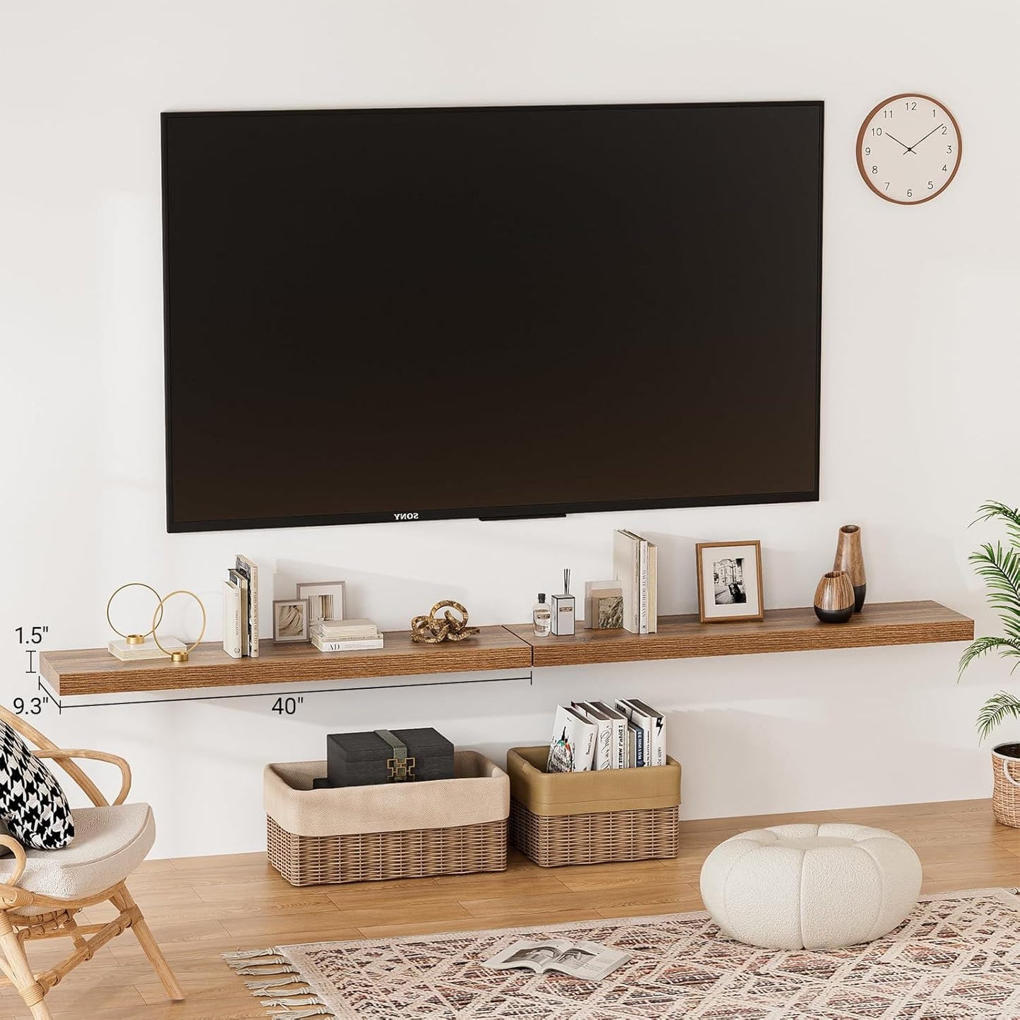 Heimlove 40 Inches Floating Shelves for Wall,9.3" Deep Walnut Long Floating Shelves Set of 2,Large Display Shelf & Storage Shelf,Wall Shelf for Bathroom Bedroom Living Room Kitchen Office