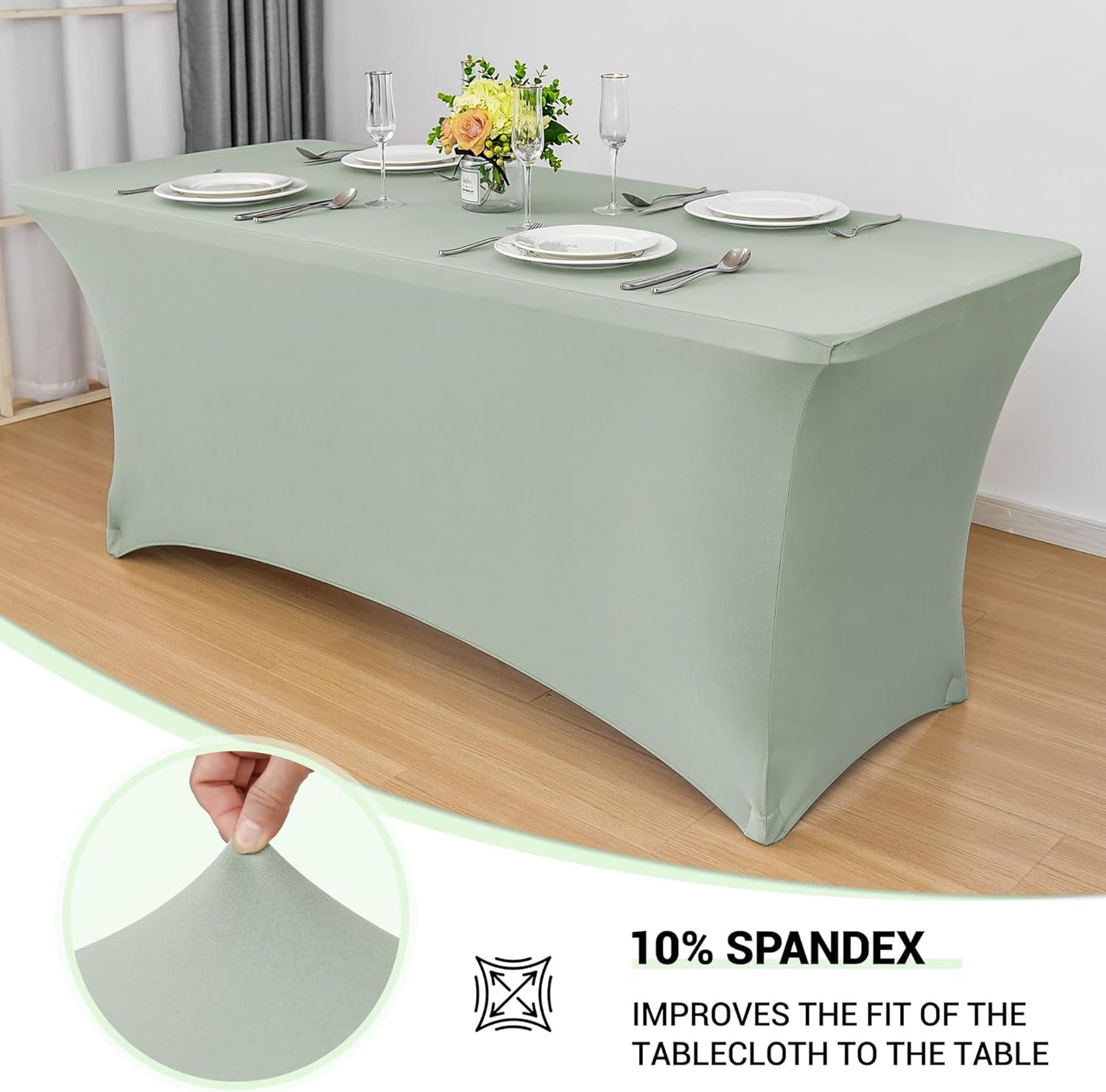 Obstal 2PC Sage Green Tablecloth - 4ft Rectangle Spandex Table Cover for Party, Events, Banquets & Weddings, Machine Washble