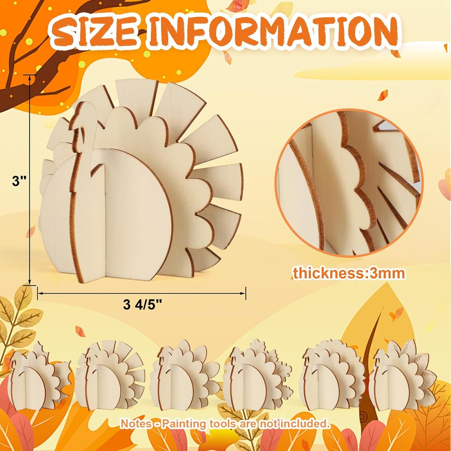 COCHIE DIY 3D Turkey Thanksgiving Wood Crafts to Paint for Kids Adults, Paintable Unfinished Wooden Slices for Craft, Fall Cutouts Ornaments for Painting Decorations 24 PCS Formed Into 6 Turkeys