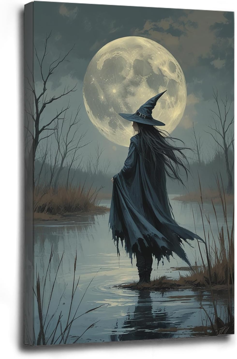 Witch in the moonlight magic canvas wall art enchanting Halloween home decor swamp witch silhouette oil painting mysterious gothic aesthetic wall decor print poster28x40in Wood Framed