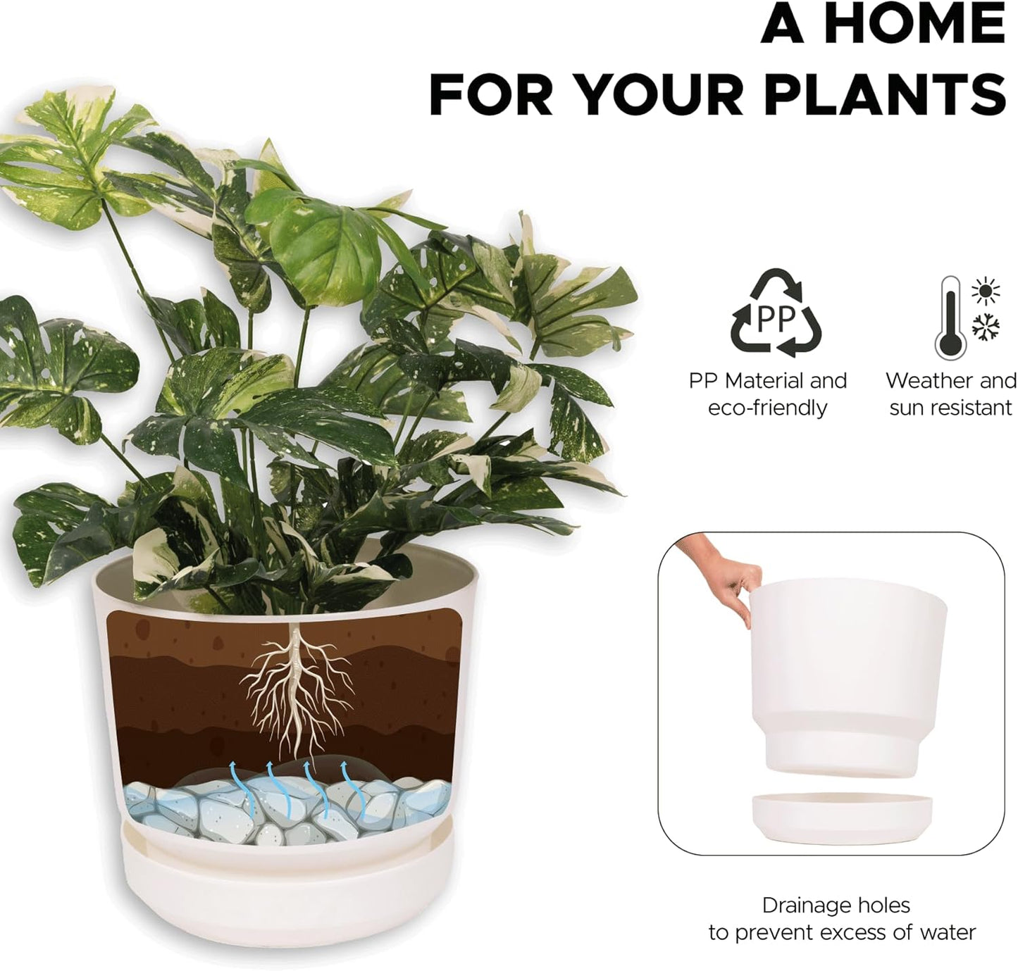 Elly Décor 8 inch Plastic Cylinder Planter Pot with Self-Watering Saucer and Drainage Hole,Lightweight & Extremely Durable, 8"x 8", White