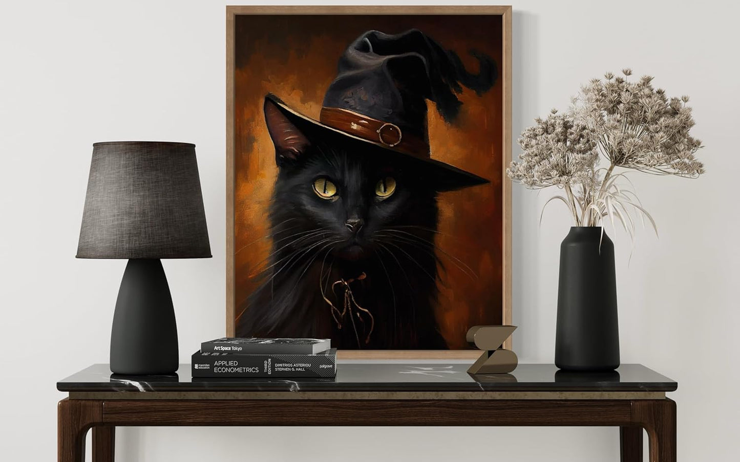 Witch Cat Poster Art Print, Halloween Scary Vintage Wall Art Academia Spooky Painting Decoration for Horror Prints, Gothic Posters Bedroom Decor 89 (Witch Cat, 16 x 20 inches, Wood Frame)