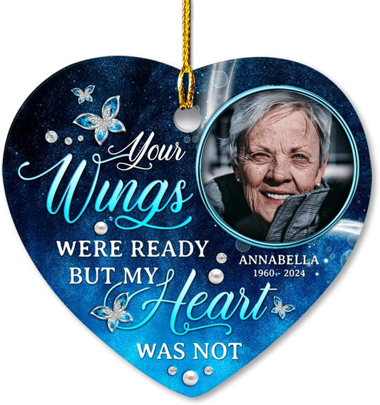 Personalized Memorial Ornaments with Photo Picture Your Wings were Ready But My Heart was Not Heart Shaped Ceramic Ornament Custom Pictures Heaven Keepsake Sympathy Gift Christmas Tree Décor