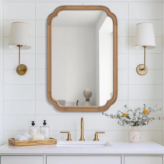 WallBeyond 20" x 30" Rounded Corner Arch Wall Mirror with Wood Frame for Entryway, Living Room or Bedroom Home Decor - Light Woodgrain [20" x 30" Honey-Colored]