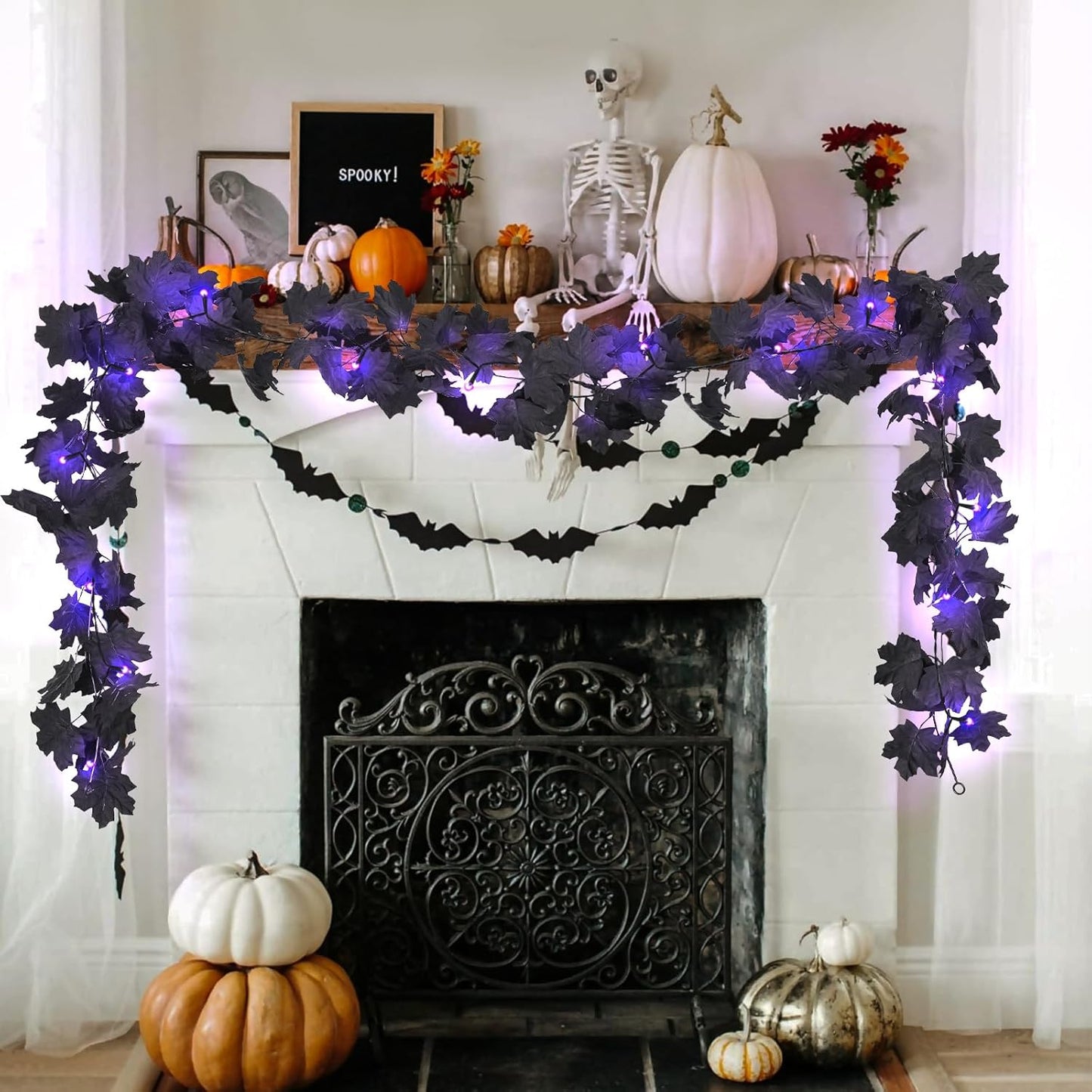 RECUTMS Halloween Maple Leaf Garland with Purple Lights - Black Artificial Leaves Decor for Home Mantle, Stairs, Indoor/Outdoor - 2 Pack
