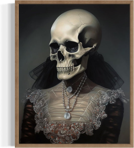 Female Skull Poster Art Print, Halloween Scary Vintage Wall Art Academia Spooky Painting Decoration for Horror Prints, Gothic Posters Bedroom Decor 89 (Female Skull, 11 x 14 inches, Wood Frame)