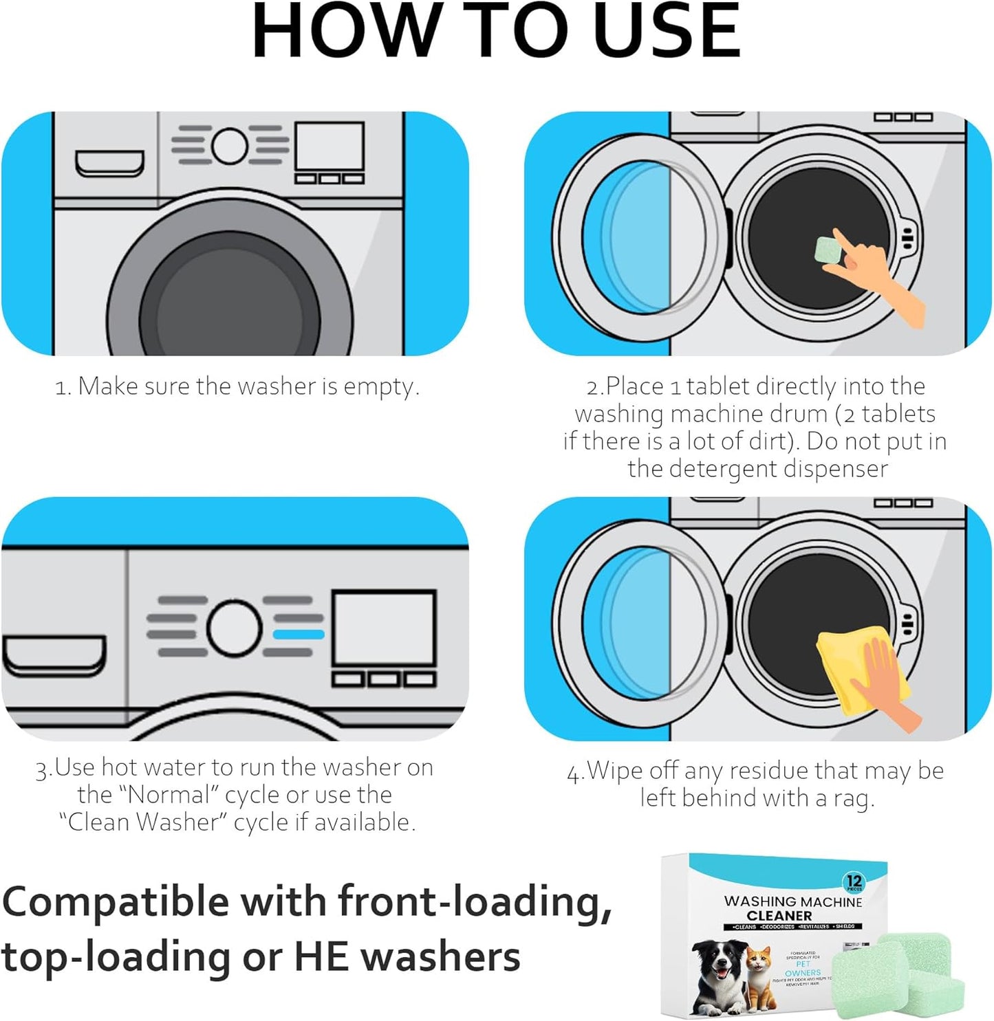 Washer Machine Cleaner Tablets-24Pack-12 Month Supply,Formulated for Pet Owners Washing Machine Cleaner,Compatible with HE,Easily pet hair remover for laundry.Top & Front Load Washer.Septic Safe.