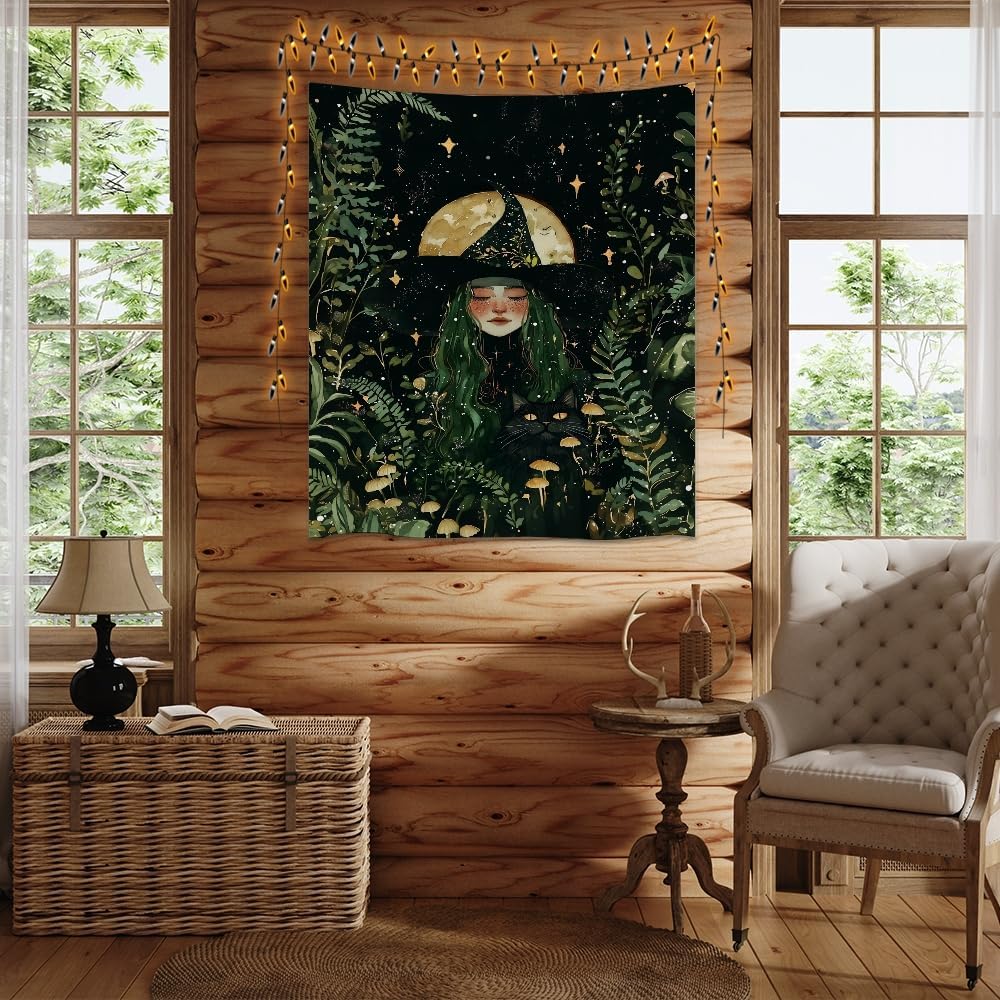 Moon Witch Tapestry Wall Hanging Mystical Botanical Green Print Dark Forest Witchy Decor Gothic Magical Black Cat and Moon Tapestries for Bedroom Living Room Dorm Decoration Aesthetic 30x40inch