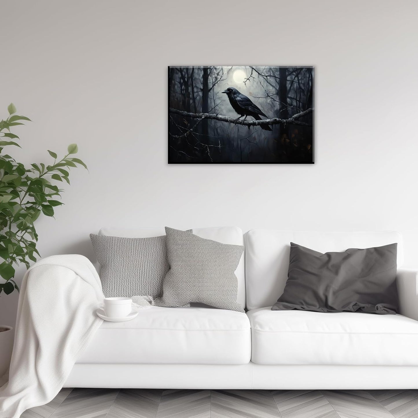 OAAPITI Crow Canvas Wall Art Black Crow Stand On The Branch Picture Print Moonlit Night Poster Vintage Forest Landscape Painting Artwork Living Room Halloween Decor(Artwork-1,28"x42")