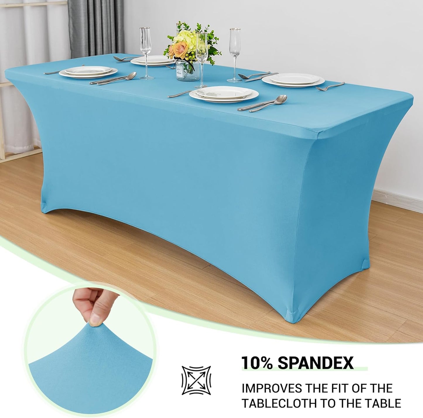 Obstal 8Ft Stretch Spandex Table Cover for Standard Folding Tables - 2 Pack Universal Rectangular Fitted Tablecloth for Party, Banquet, Events, Trade Show (Light Blue, 96L x 30W x 30H Inches)