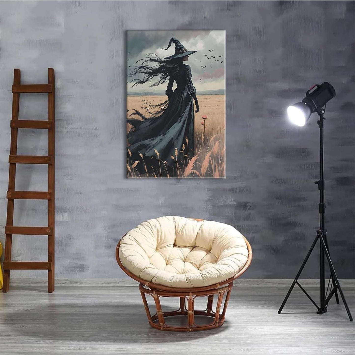 Gothic Decor Canvas Wall Art Witch in Rice Field Halloween Art Decor Print Nature Print Victorian Home Bedroom28x40in Wood Framed
