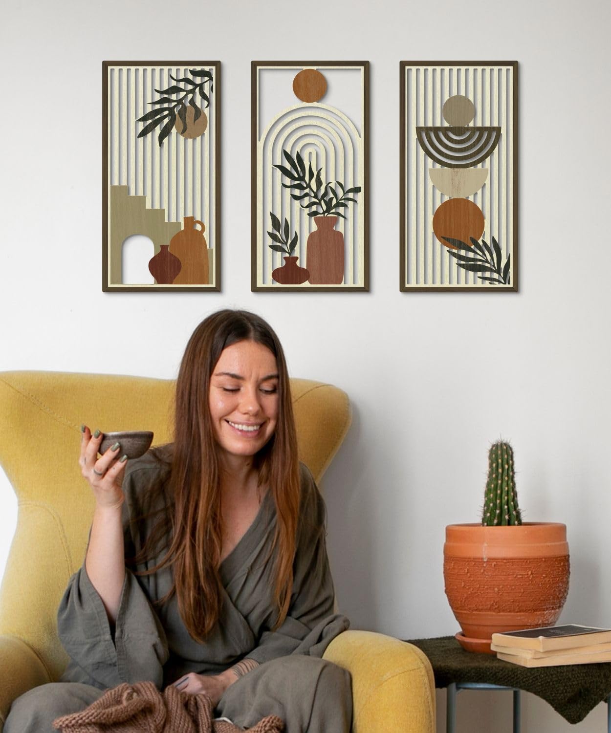 Putuo Decor Boho Wall Art Set of 3, Abstract Geometric Wooden Wall Decor, Mid-Century Modern Aesthetic Artwork with Arch, Vase & Botanical Design for Living Room, Bedroom, Office, 16.5 x 8.6 Inch