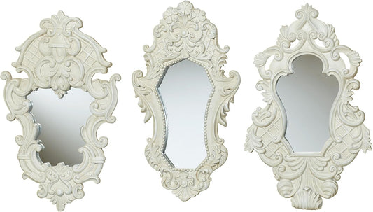 Lattice Scroll Antique White Traditional Classic Wall Mirrors | Set of Three | Vintage Accent Hanging Mirror for Bedroom, Living Room, Office, Hallway | Victorian Style Decor