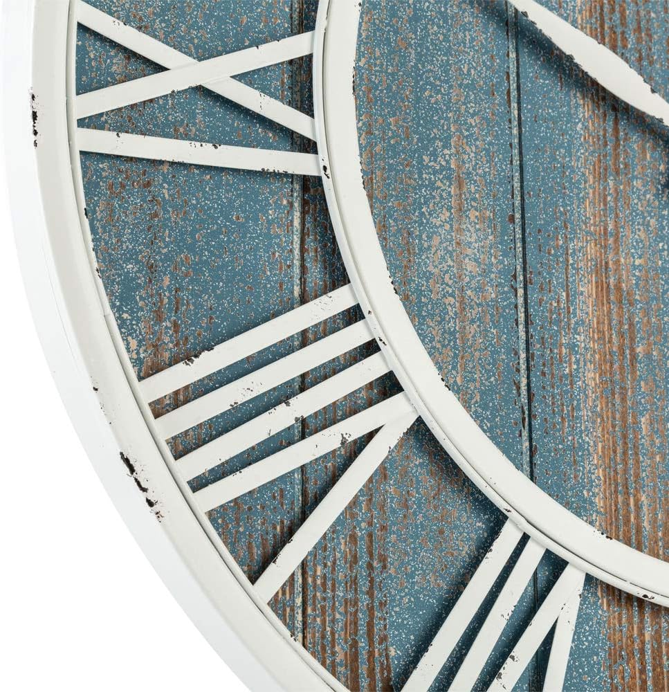 24" Coastal Wall Clock - Metal & Solid Wood Noiseless Weathered Beach Blue Wall Clock (Coastal Blue, 24-inch)