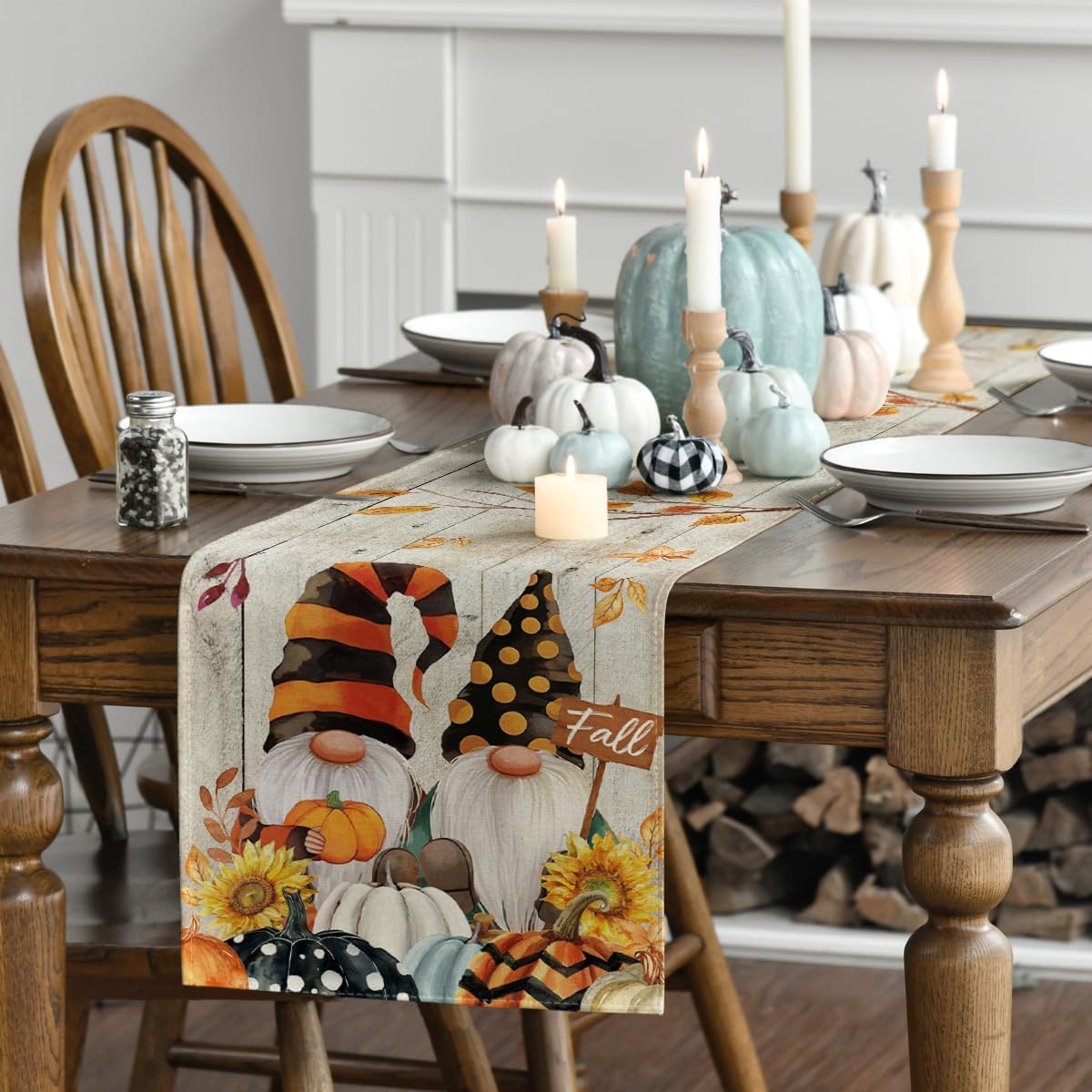 Artoid Mode Wood Gnomes Pumpkins Sunflower Maple Leaves Fall Table Runner, Kitchen Dining Table Decoration for Home Party Decor 13 x 48 Inch