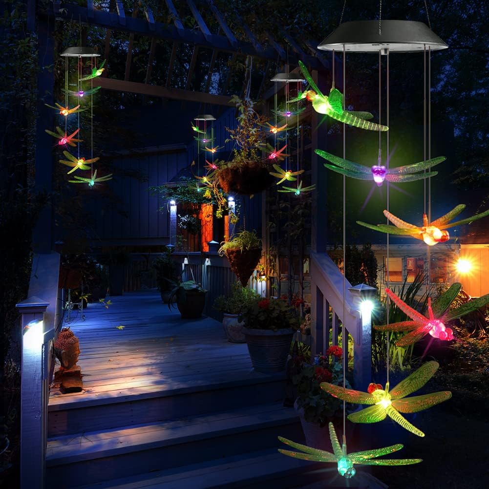 Toodour Solar Wind Chimes Outdoor, Color Changing Solar Lights Dragonfly, Gifts for Mom Grandma, Waterproof Decorative Mobile Light, Gardening Gift for Garden,Patio, Window, Yard, Outdoor Decor