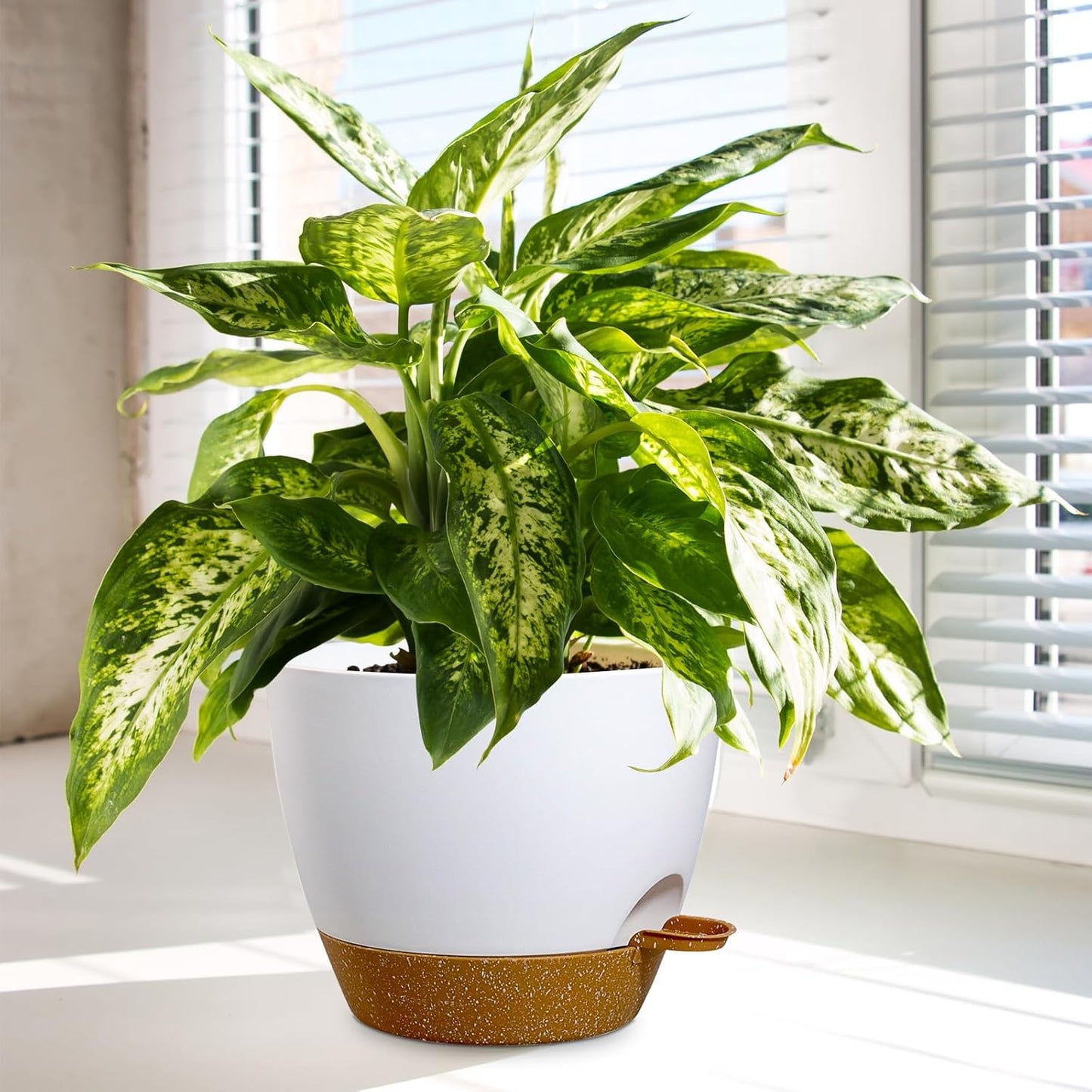 10/9/8 inch Medium Self Watering Pots, Planter, Plant Pots with Mesh Drainage Holes for Indoor Outdoor Garden Plants, Plastic Flower Pots with Removable Deep Reservoir, White with Brown