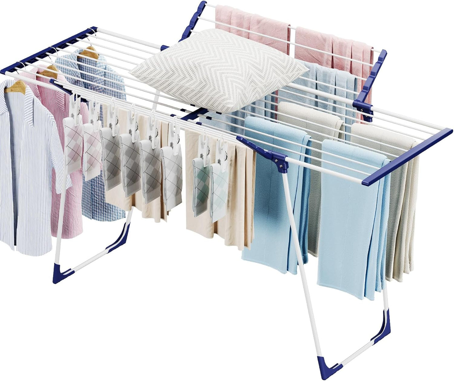 APEXCHASER Clothes Drying Rack, Foldable Gullwing Laundry Rack for Indoor Outdoor, 10pcs Clips with Bag, Collapsible Space-Saving Drying Rack for Clothes Towels Dolls, White