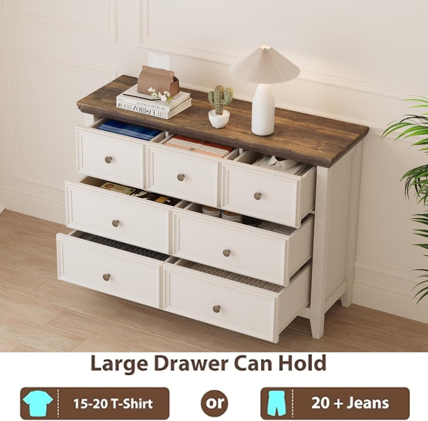 BLANKSPACE 7 Drawer Dresser, Modern Farmhouse Dresser Chest of Drawer for Bedroom, Chest of Drawers Storage Cabinet for Living Room, Entryway, Hallway, Antique White