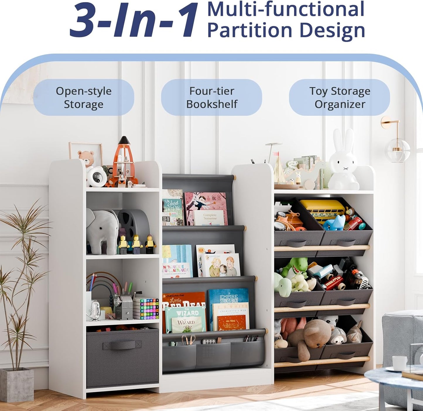 Kids Toy Book Storage Organizer - Large Bookshelf with 7 Removable Bins, Baby Bookshelf and Toy Storage, 4-Tier Book Shelf for Kids Room, Playroom, Classroom, 51 inch, White