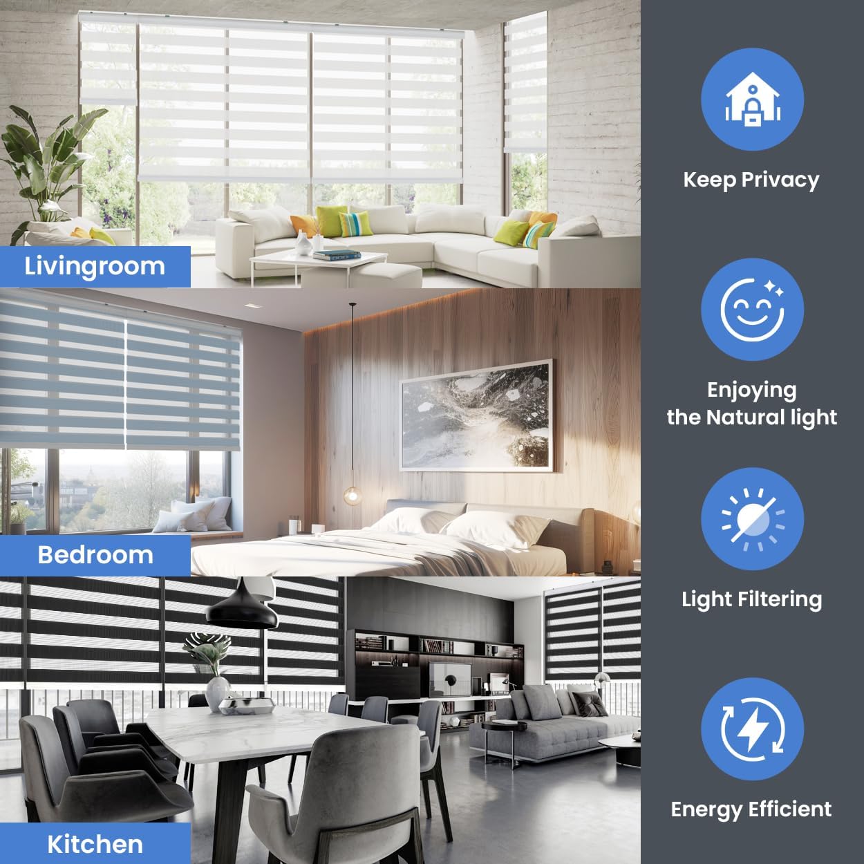 Foiresoft Standard Zebra Roller Blinds for Windows [W32 x H64 Inch, White, Basic], Light Filtering Dual Layer Shades for Bedroom, Living Room, Office, 13 Colors