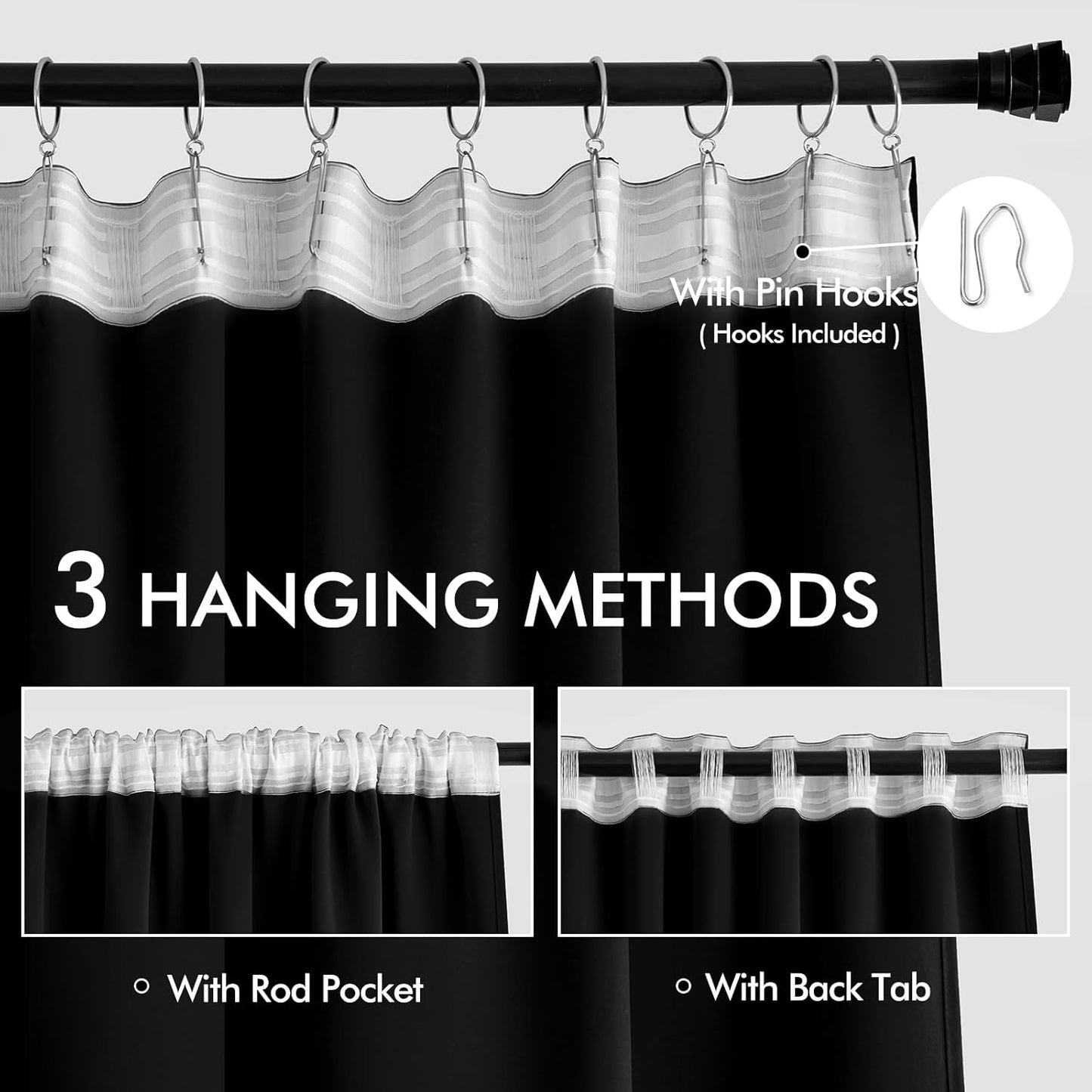 MIULEE Black Back Tab Blackout Curtains 72 Inches Long 2 Panels Set for Living Room Bedroom Privacy, Halloween Rod Pocket/Pinch Pleat Thermal Insulated Room Darkening Pleated Light Blocking Drapes