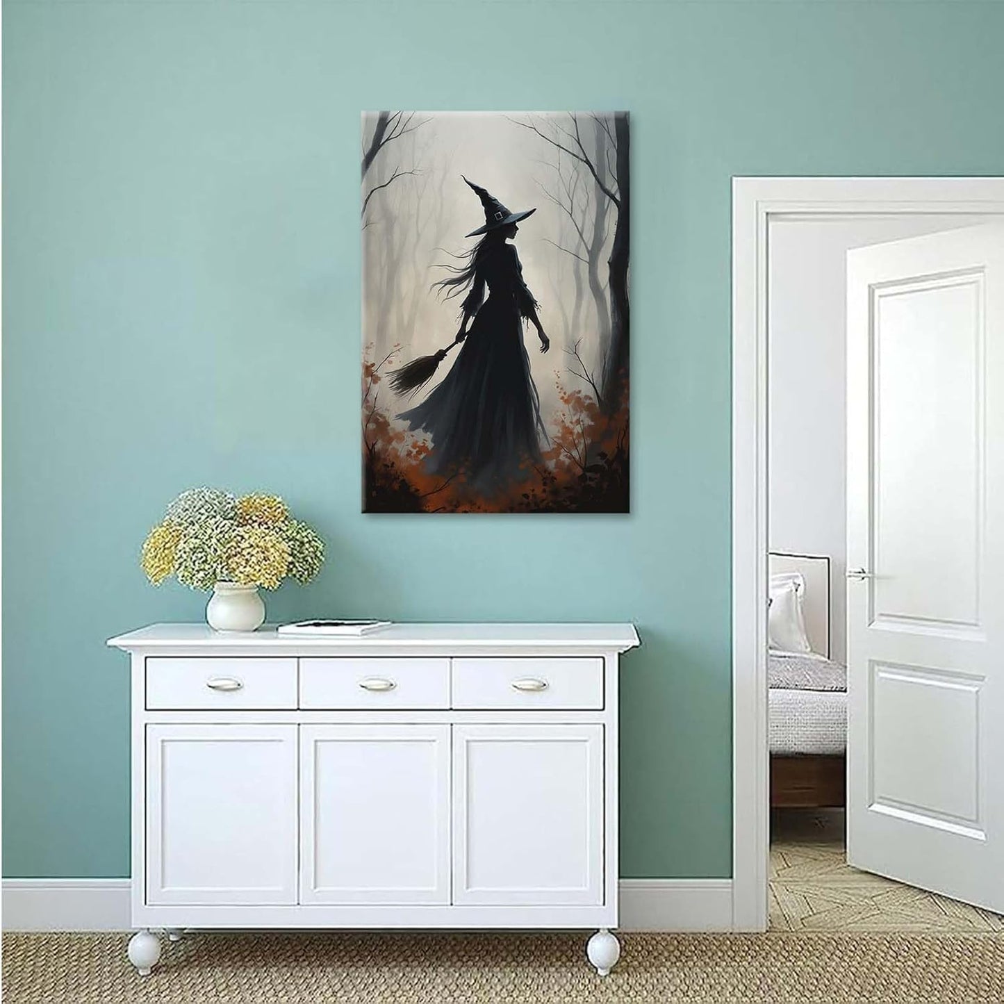 Vintage forest witch silhouette poster Halloween mural poster decoration mural art magic suitable for home living room bedroom16x24in Wood Framed