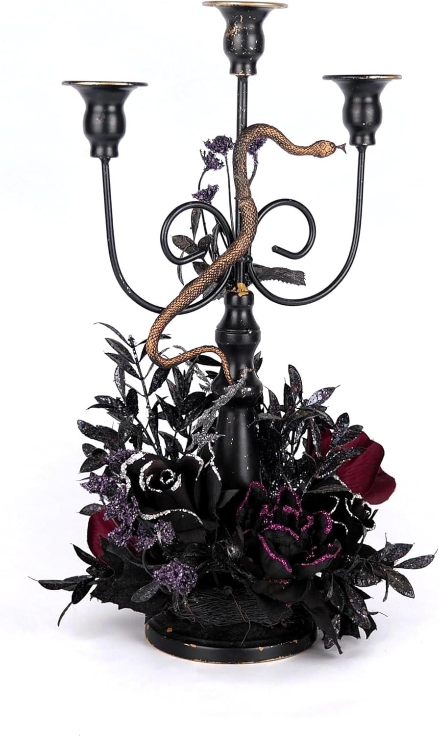 Halloween Candle Holder, 3 Arms Metal Candelabra, Black Candlestick Holder, Gothic Spooky Halloween Decor for Coffee Table/Dining Table Centerpiece, 18" Height