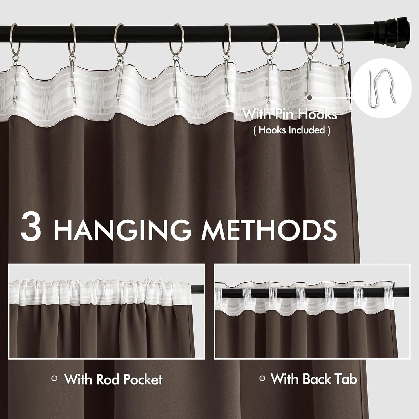 MIULEE Chocolate Brown Back Tab Blackout Curtain 96 Inch Long 2 Panels Set for Bedroom, Rod Pocket/Pinch Pleat Thermal Insulated Living Room Darkening Pleated Light Blocking Floor to Ceiling Drape