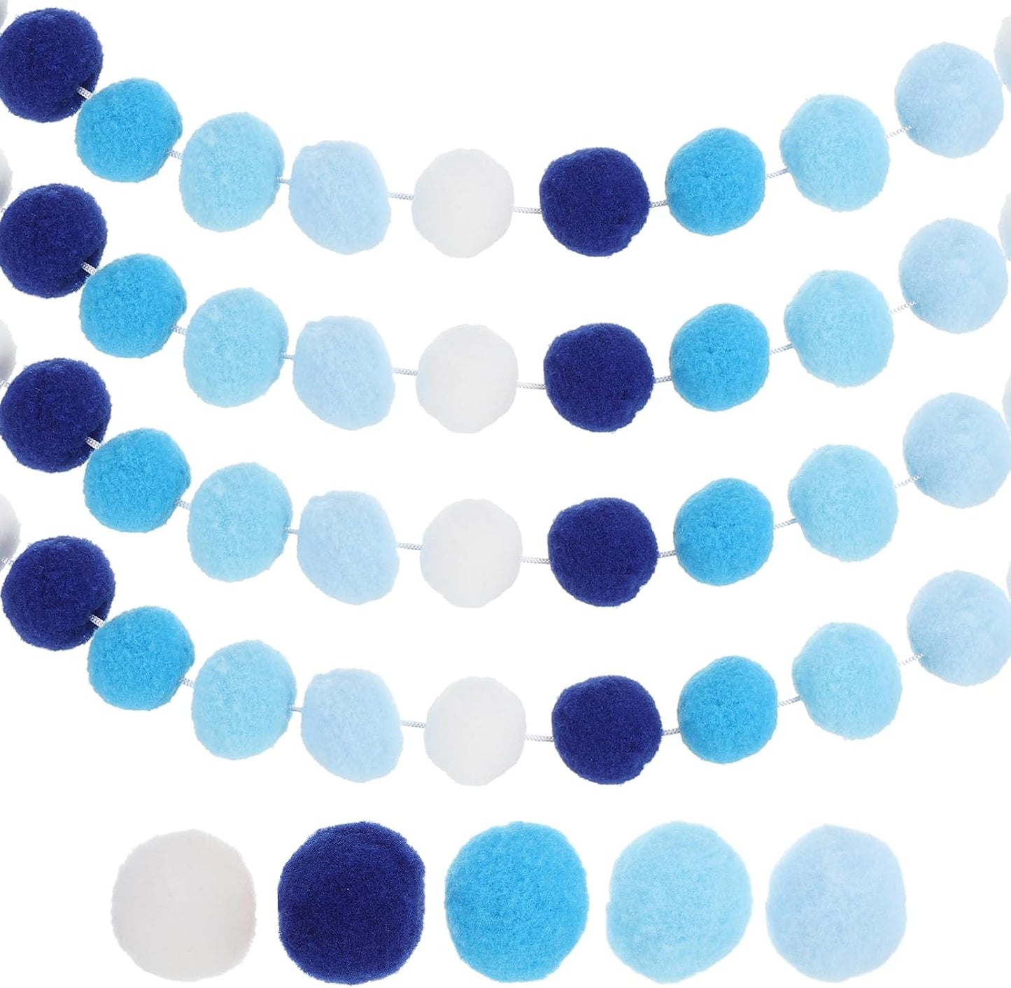 PATIKIL 26Ft Pom Pom Garland Decorations, 4Pcs Colorful Felt Ball Garland Banner Cute Rainbow Pompom Hanging Decorations for Tree Ornaments Homes Decor, White/Blue Series