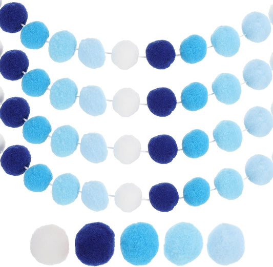 PATIKIL 26Ft Pom Pom Garland Decorations, 4Pcs Colorful Felt Ball Garland Banner Cute Rainbow Pompom Hanging Decorations for Tree Ornaments Homes Decor, White/Blue Series