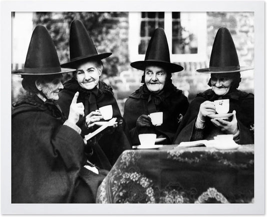 Poster Master Classic Photograph Poster - Vintage Halloween Print - Gift for Artist, Friend - Witches Tea Party, Old Women Smiling, Wearing Robes - Wall Decor for Living Room, 8x10 White Framed