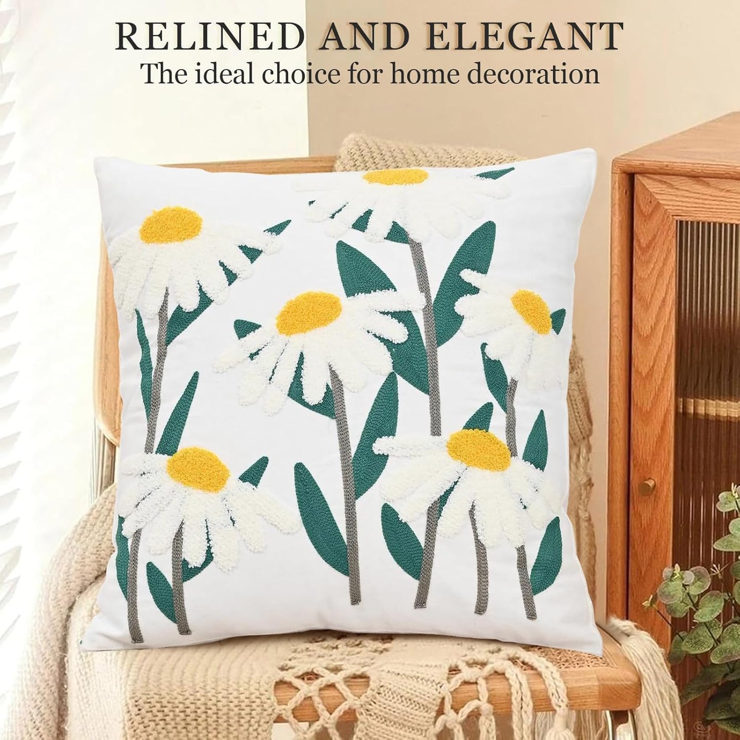 Embroidered Cushion Cover Wild Floral Throw Pillow Cover Jacquard Decorative Pillowcase for Living Bedroom Room Couch White Daisy