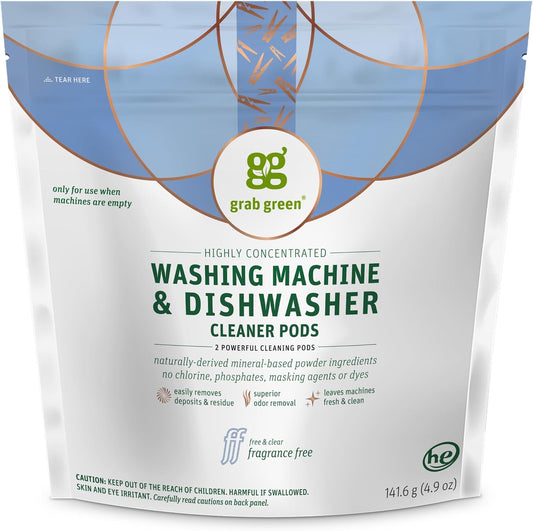 Grab Green Washing Machine Cleaner, 2 Count, Fragrance Free, Mineral Based Removes Deposits and Odors, Naturally Cleans