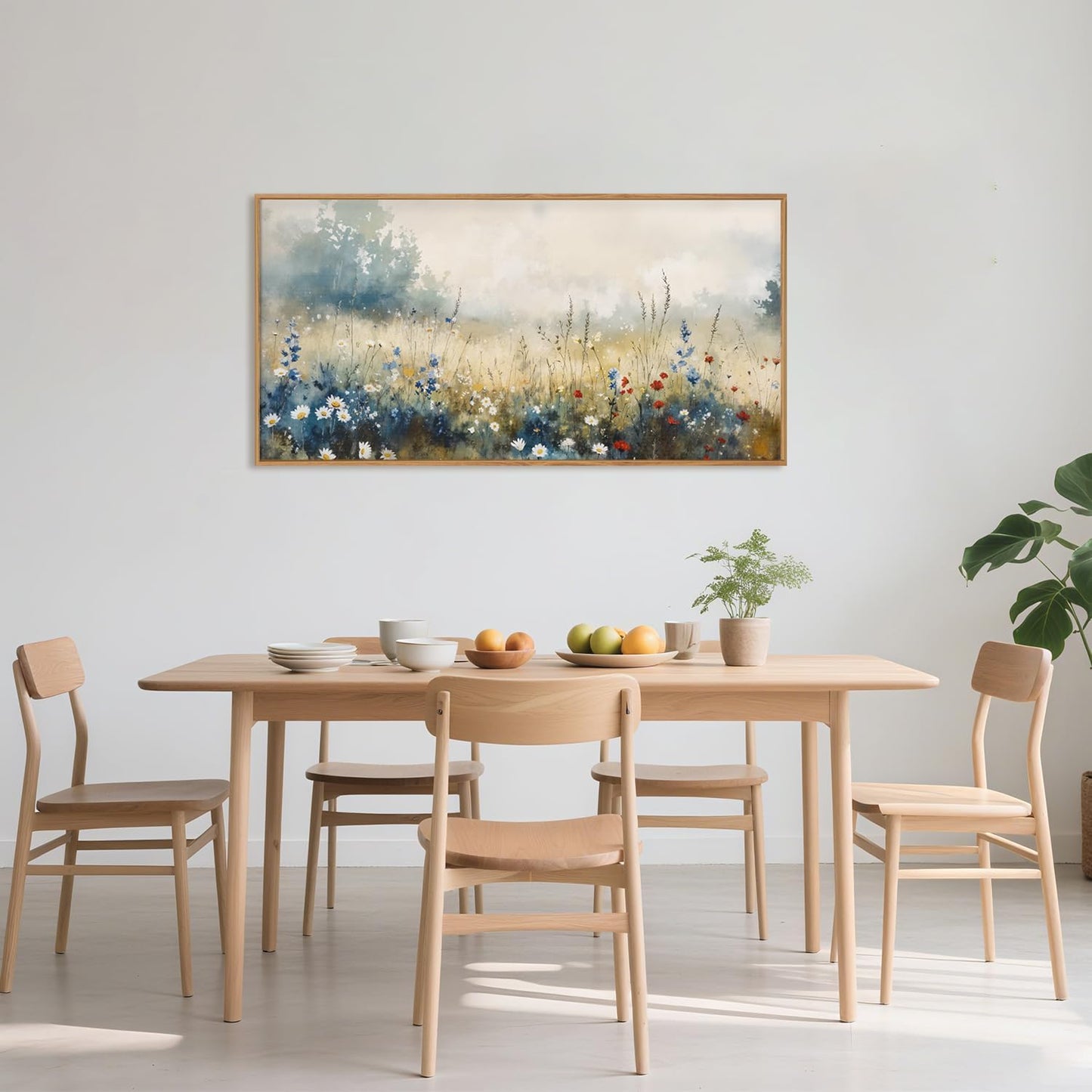 Nature Wildflower Framed Canvas Wall Art Set, Pastoral Landscape Wall Decor, Colorful Meadow Wall Painting, Rustic Floral Art Print for Living Room, Bedroom, Office - 20"X40"