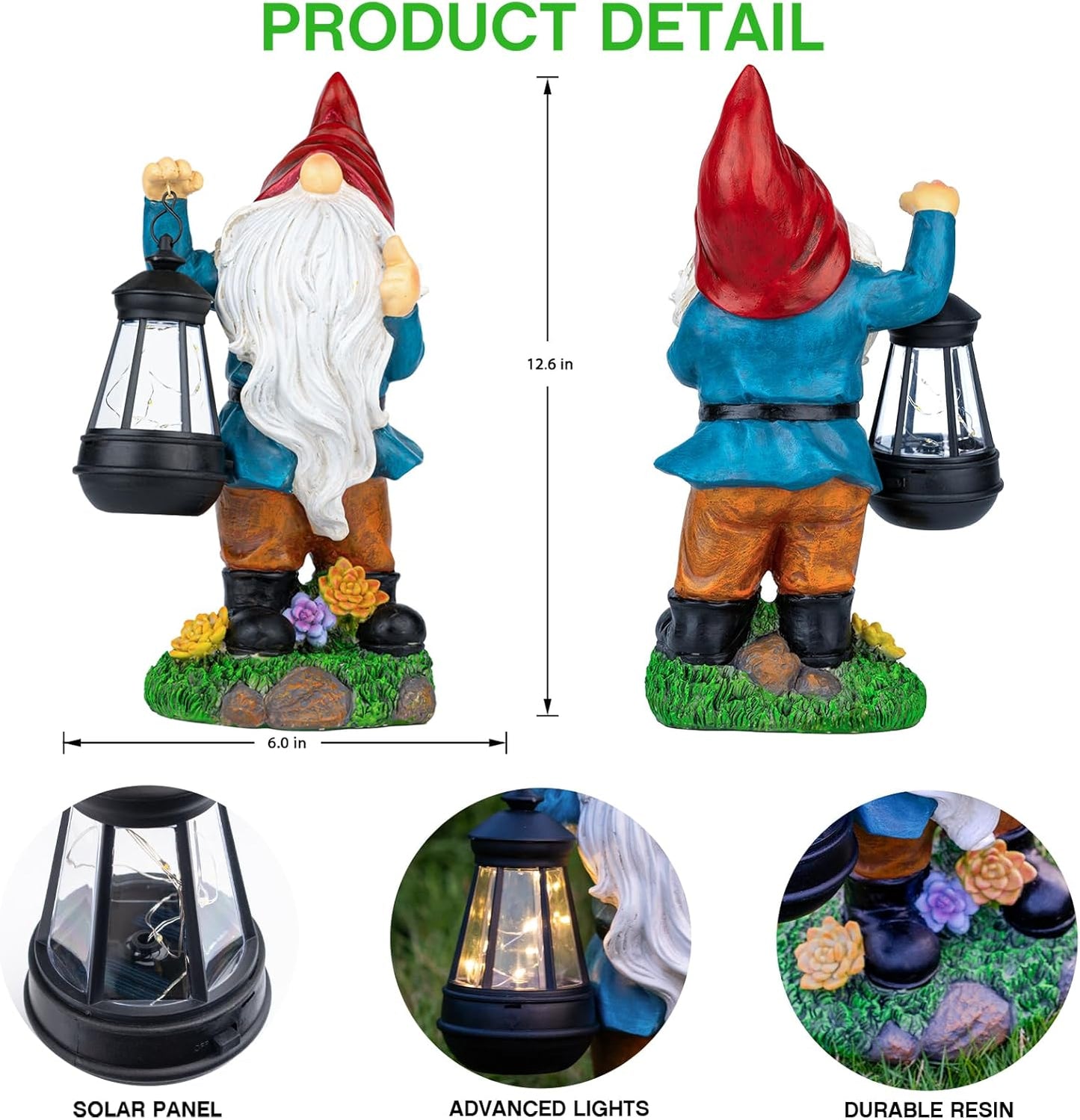 Solar Garden Statue Lights Gnome Figurine with Solar Lantern, Outdoor Garden Succulent Ornaments Waterproof, Fathers Day Mom Gifts for Outside Patio Yard Lawn Decor