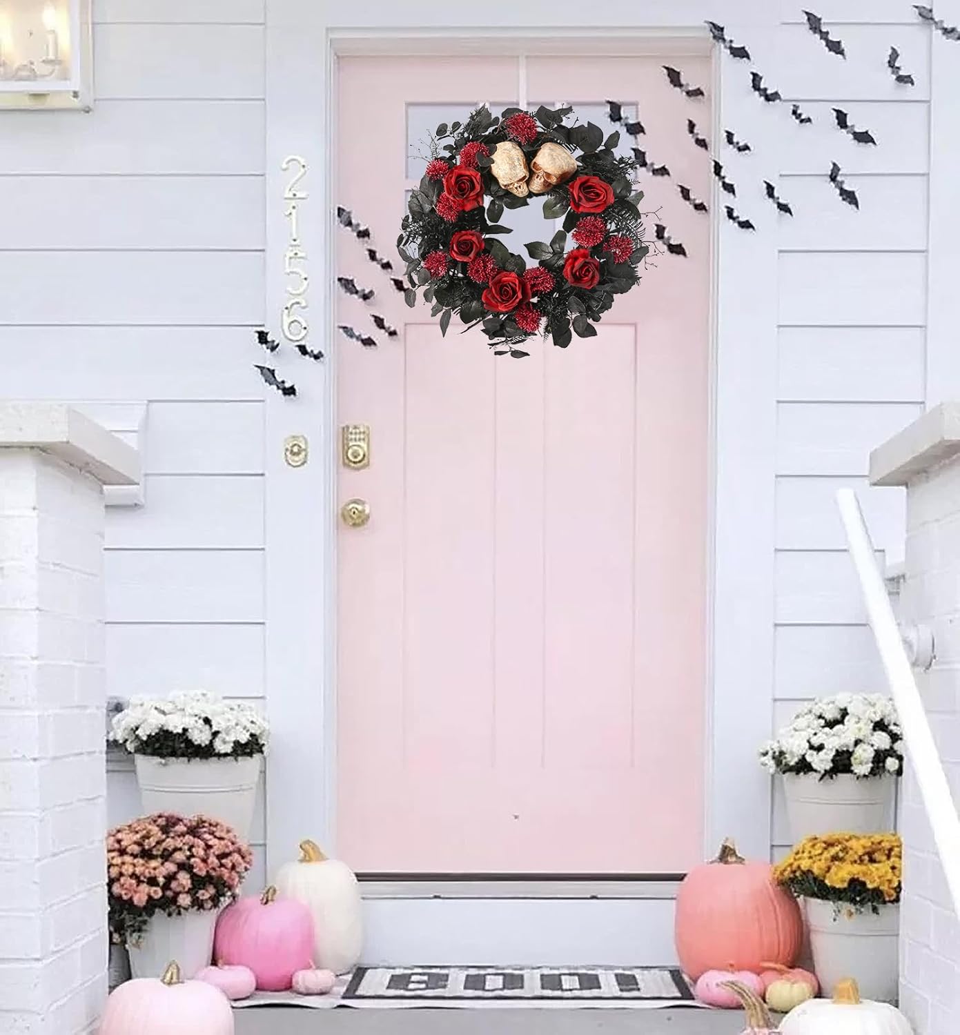 20" Halloween Wreaths for Front Door, Black Eucalyptus Leaves with Glitters, Red Roses, Skull, Gothic Wreath Horror Room Decor