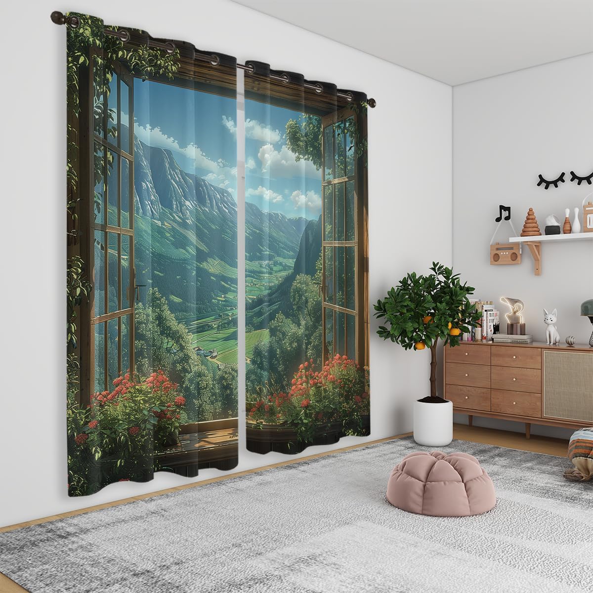 Mountain Blackout Curtains for Girls Boys Teens Home Decor, Spring Sky View Nature Forest Flower Grommet Thermal Insulated Drapes Darkening Window Curtain for Bedroom Living Room, 55 x 63 Inch