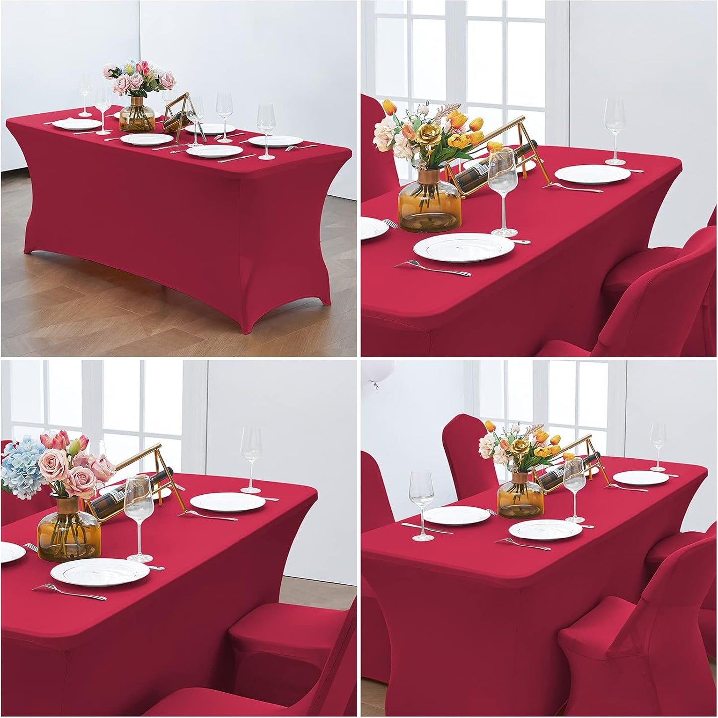 CWK 6FT Waterproof Stretch Spandex Table Cover for Rectangular Tables - Elastic Fitted Tablecloth for Folding Tables,Wrinkle Resistant Table Cloth for Parties, Weddings, Banquets & Events(Apple Red)
