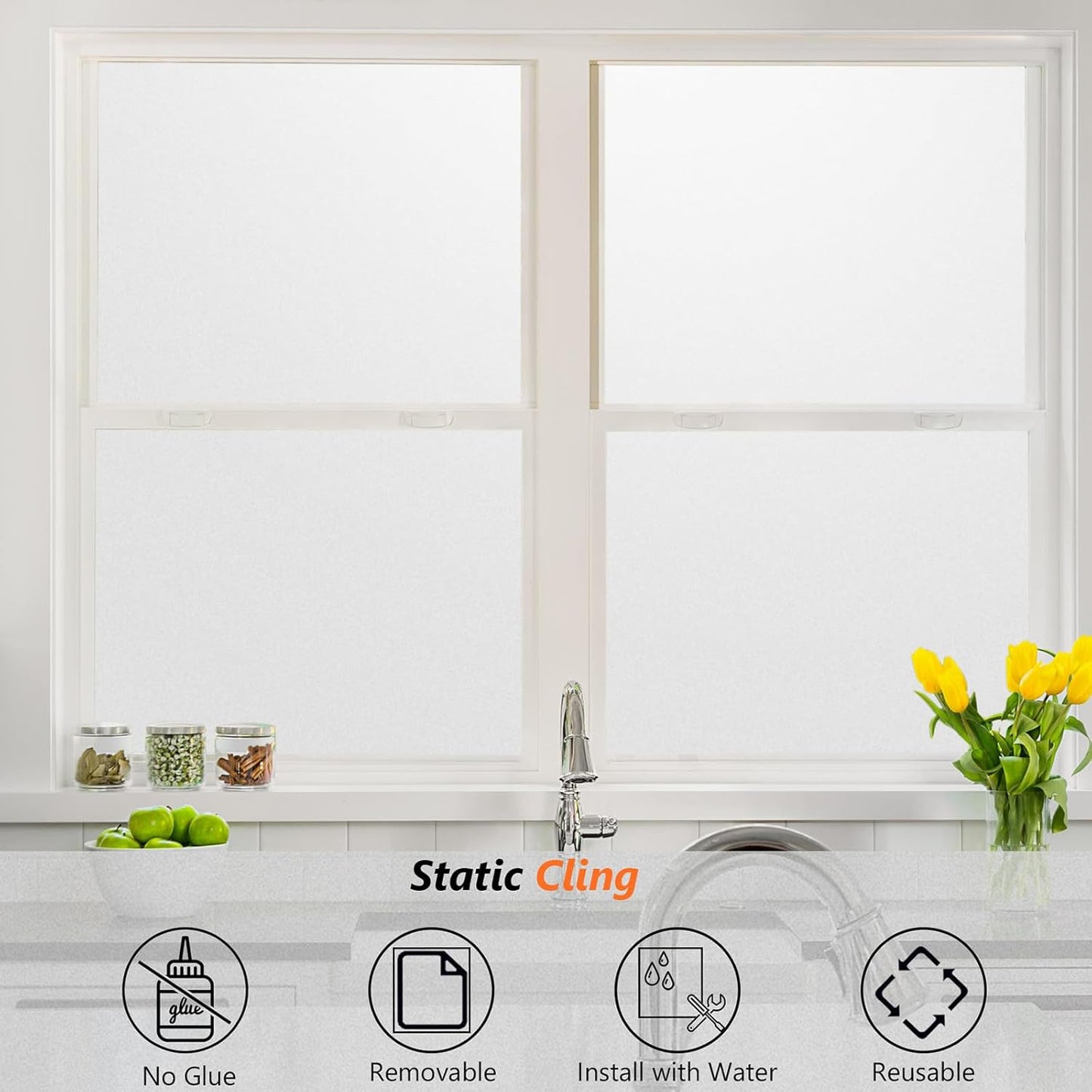 Kromapolis Window Privacy Film Frosted Glass Window Film, Heat Blocking Privacy Film for Glass Windows, Static Cling Non-Adhesive Frosting Window Stickers for Door Home (Frosted, 29.5 x 78.7 inch)