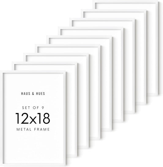 HAUS AND HUES 12x18 White Metal Picture Frames - Features Premium Aluminum, Vertical & Horizontal Hang, Shatterproof Plexiglass - Ideal for Home, Room, Office (12x18 in, White, Set of 9)
