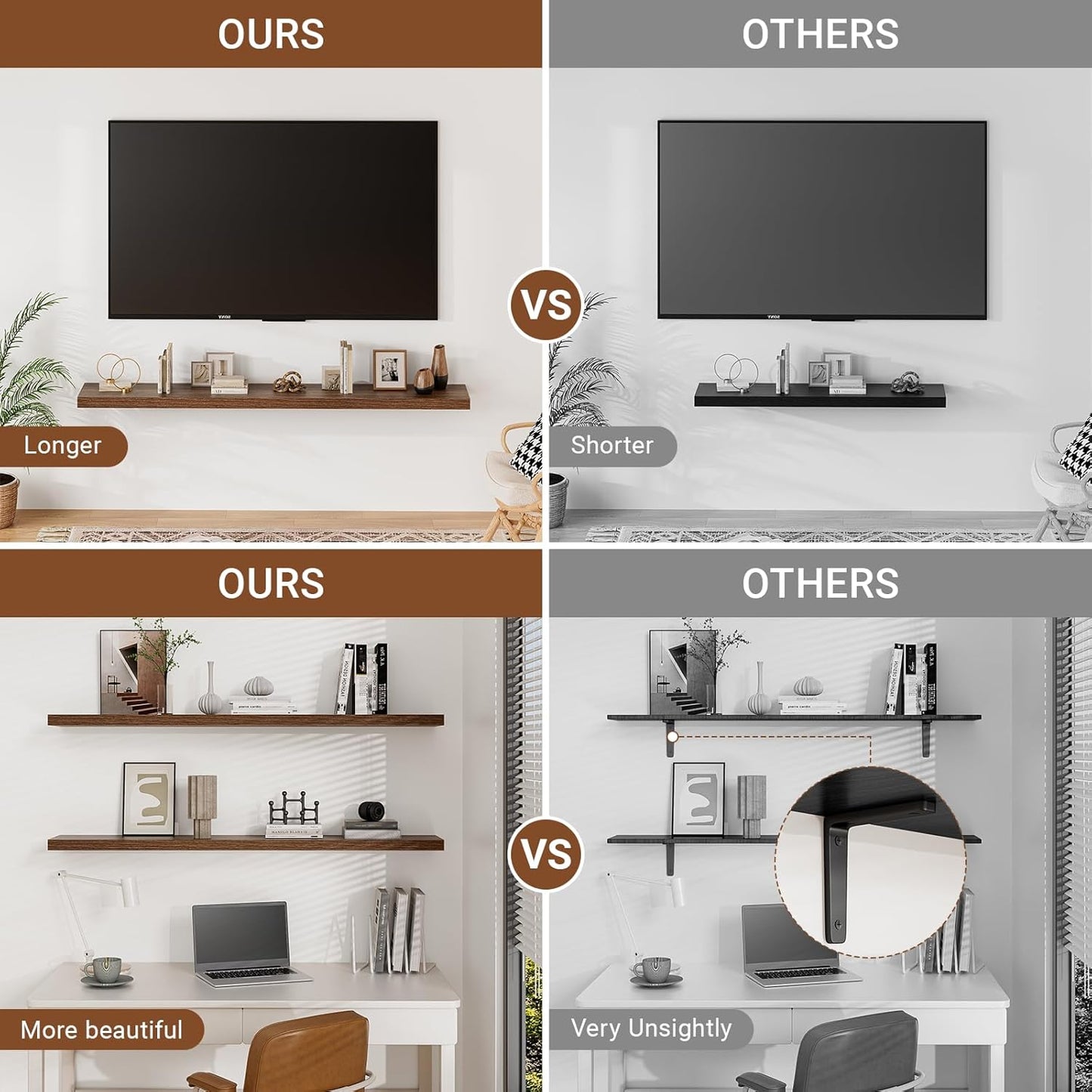 Heimlove 55 Inch Long Floating Shelves for Wall,9.3" Deep Walnut Floating Shelves Set of 2,Large Display Shelf & Storage Shelf,Wall Shelves for Bedroom Living Room Kitchen Office,Wall Mounted Shelf