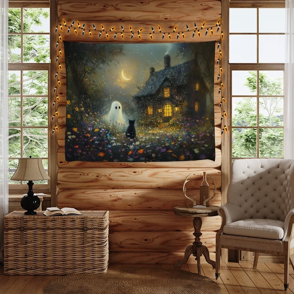 Halloween Black Cat and Ghost Tapestry Wall Hanging for Spooky Cute Bedroom Decor Dark Academia Moon Wildflower Cottage Tapestries Aesthetic for Home Living Room Decoration 60x80inch