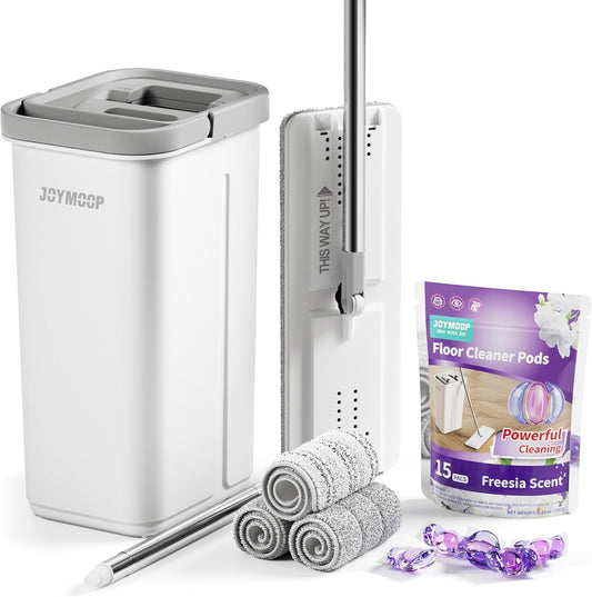 JOYMOOP Mop and Bucket with Wringer Set and Floor Cleaner Pods, Flat Floor Mop with 3 Reusable Microfiber Pads, Wet and Dry Use, Freesia Scent Pack of 15 Pacs for Floor Cleaning