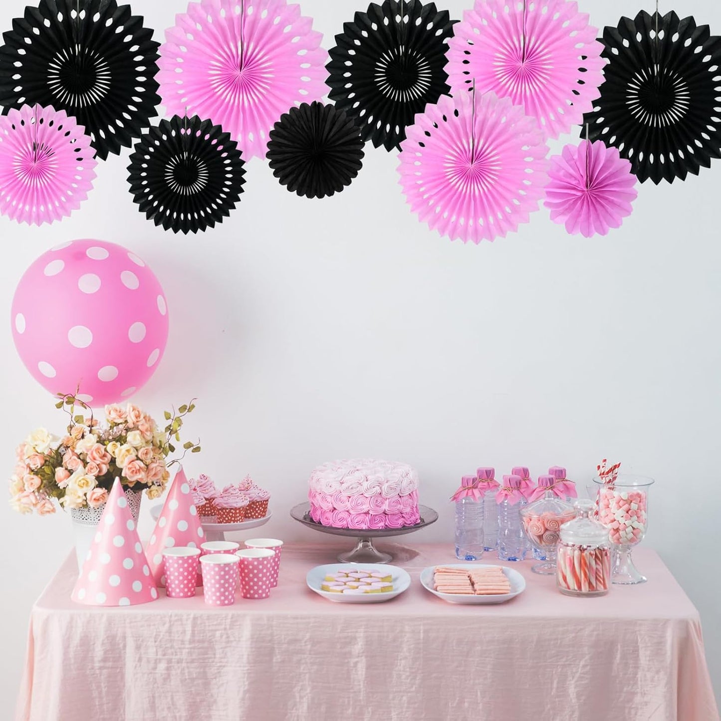 BEISHIDA Pink Black Hanging Honeycomb Round Paper Fans Decoration Bachelorette Theme Tissue Paper Fan Garland for Bridal Shower Women Girls Birthday Wedding Party Supplies（10packs）