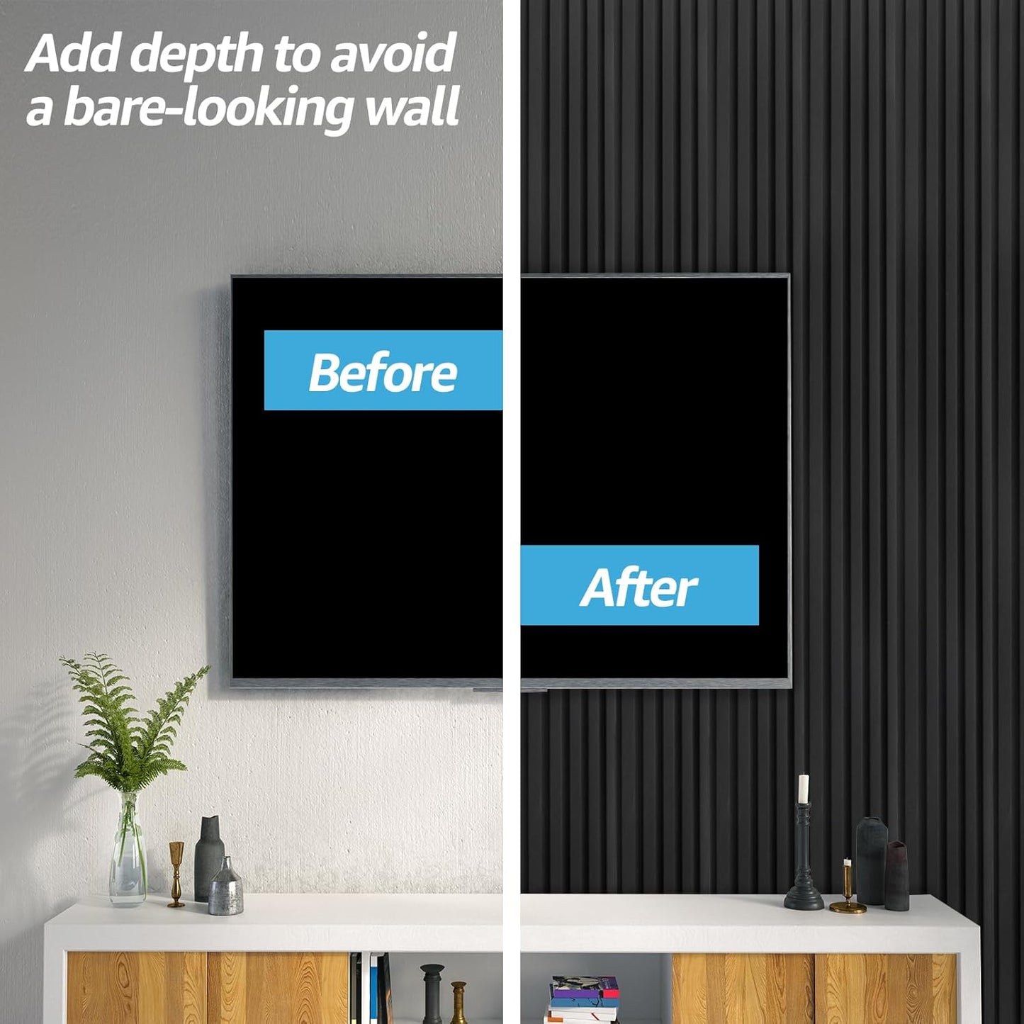 Art3d WPC Wainscoting Panels, 16-Pack 48 x 6 Inch 3D Wall Accents for Interior Wall Decor, Living Room, Bedroom, Black