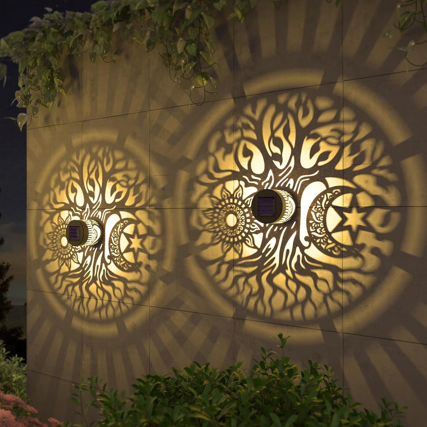 2 Pack Solar Fence Lights Metal Solar Powered Outdoor Wall Deck Step Lights Tree Theme Waterproof Fence Light for Garden Post Patio Backyard Yard Decor (Tree, 2 Pack)